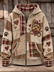 Women's Cute Patchwork Dog Print Zip-Up Hoodie