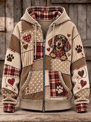 Women's Cute Patchwork Dog Print Zip-Up Hoodie