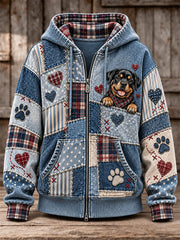 Women's Cute Patchwork Dog Print Zip-Up Hoodie