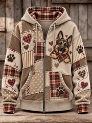 Women's Cute Patchwork Dog Print Zip-Up Hoodie