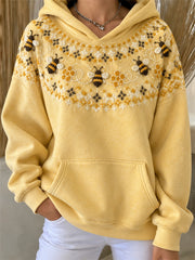 Women's Vintage Flying Bees & Honeycomb Yoke Isle Pattern Print Hoodie