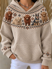 Women's Vintage Cattle Dog & Highland Cows Yoke Isle Pattern Print Hoodie