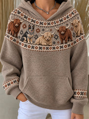 Women's Vintage Cattle Dog & Highland Cows Yoke Isle Pattern Print Hoodie