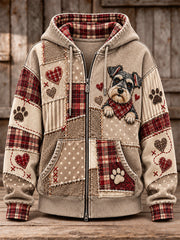 Women's Cute Patchwork Dog Print Zip-Up Hoodie