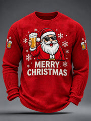 Men's Funny Christmas Santa Claus Cheers Beer Print Casual Waffle Long Sleeve T-Shirt