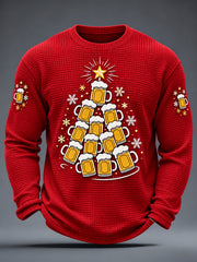 Men's Funny Beer Christmas Tree Print Casual Waffle Long Sleeve T-Shirt