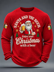 Men's Funny Christmas Santa Claus Cheers Beer Print Casual Waffle Long Sleeve T-Shirt