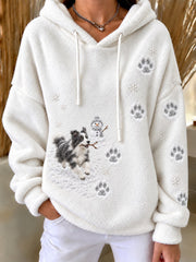 Women's Naughty Border Collie Dog & Snowman Snowy Winter Print Flannel Hoodie