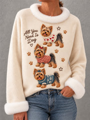Women's Cute Dog Print Dog Lovers Casual Fur Collar Top