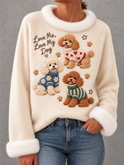 Women's Cute Teddy Dog Print Dog Lovers Casual Fur Collar Top