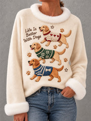 Women's Cute  Labrador Retriever Print Dog Lovers Casual Fur Collar Top