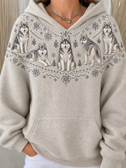 Women's Vintage Husky Dogs Yoke Isle Print Cozy Hoodie