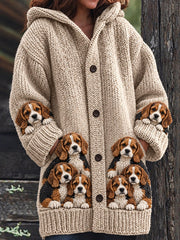 Women's Vintage Crowded Beagles Print Cozy Composite Fleece Long Coat