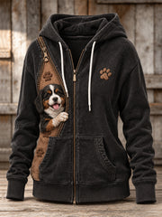 Women's Peeking Bernese Mountain Dog & Paw Prints Zipper Contrast Print Full Zip Hoodie