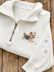 Women's Snowy Winter Yorkie Dog In the Snow Print Zip Up Sweatshirt