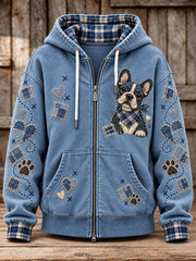 Women's Cute Patchwork Dog Print Zip-Up Hoodie