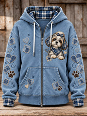 Women's Cute Patchwork Dog Print Zip-Up Hoodie