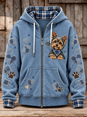 Women's Cute Patchwork Dog Print Zip-Up Hoodie