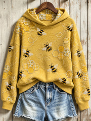 Women's Vintage Flying Bees & Honeycomb Floral Check Art Print Hoodie