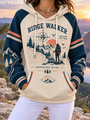 Women’s Outdoor Hiking-Themed Graphic Raglan-Sleeve Hooded Sweatshirt