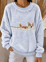 Women’s Corgi in the Snow Winter Printed Casual Flannel Sweatshirt