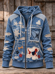 Women's Vintage Beagle Dog Patchwork Print Zip-Up Hoodie