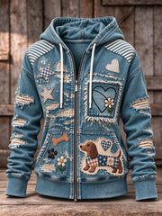 Women's Vintage Dachshund Dog Patchwork Print Zip-Up Hoodie