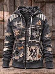 Women's Vintage French Bulldog Patchwork Print Zip-Up Hoodie
