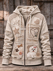 Women's Vintage Maltese Dog Patchwork Print Zip-Up Hoodie