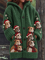 Women's Christmas Crowded Whippet Dogs Pattern Cozy Composite Fleece Long Coat
