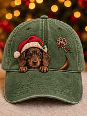 Christmas Peeking Dachshund & Paw Print Unisex Hat