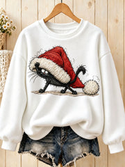 Women's Funny Black Christmas Cat Printed Flannel Sweatshirt