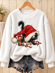 Women's Funny Black Christmas Cat Printed Flannel Sweatshirt