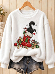 Women's Funny Black Christmas Cat Printed Flannel Sweatshirt