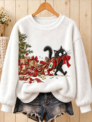 Women's Funny Black Christmas Cat Printed Flannel Sweatshirt