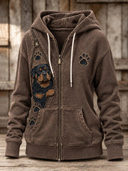 Women's Peeking Rottweiler Dog & Paw Prints Zipper Patchwork Print Full Zip Hoodie