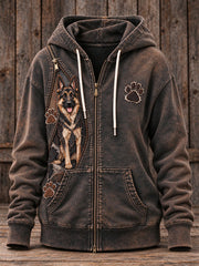 Women's Peeking German Shepherd Dog & Paw Prints Zipper Patchwork Print Full Zip Hoodie