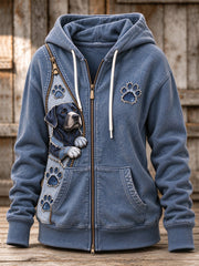 Women's Peeking Labrador Retriever Dog & Paw Prints Zipper Patchwork Print Full Zip Hoodie