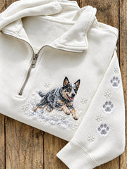 Women's Snowy Winter Cattle Dog in the Snow Print Zip Up Sweatshirt