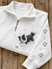 Women's Snowy Winter Border Collie Dog In the Snow Print Zip Up Sweatshirt