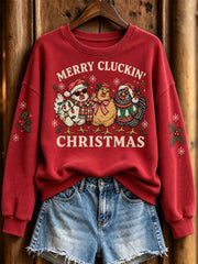 Women's Merry Cluckin' Christmas fun slogan with rooster pattern design casual sweatshirt