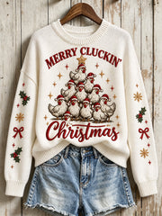 Women's Merry Cluckin' Christmas fun slogan with rooster pattern design casual sweater