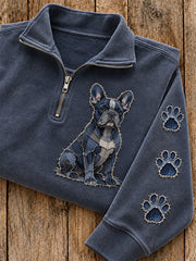 Women's Patchwork French Bulldog & Paw Print Zip Up Sweatshirt