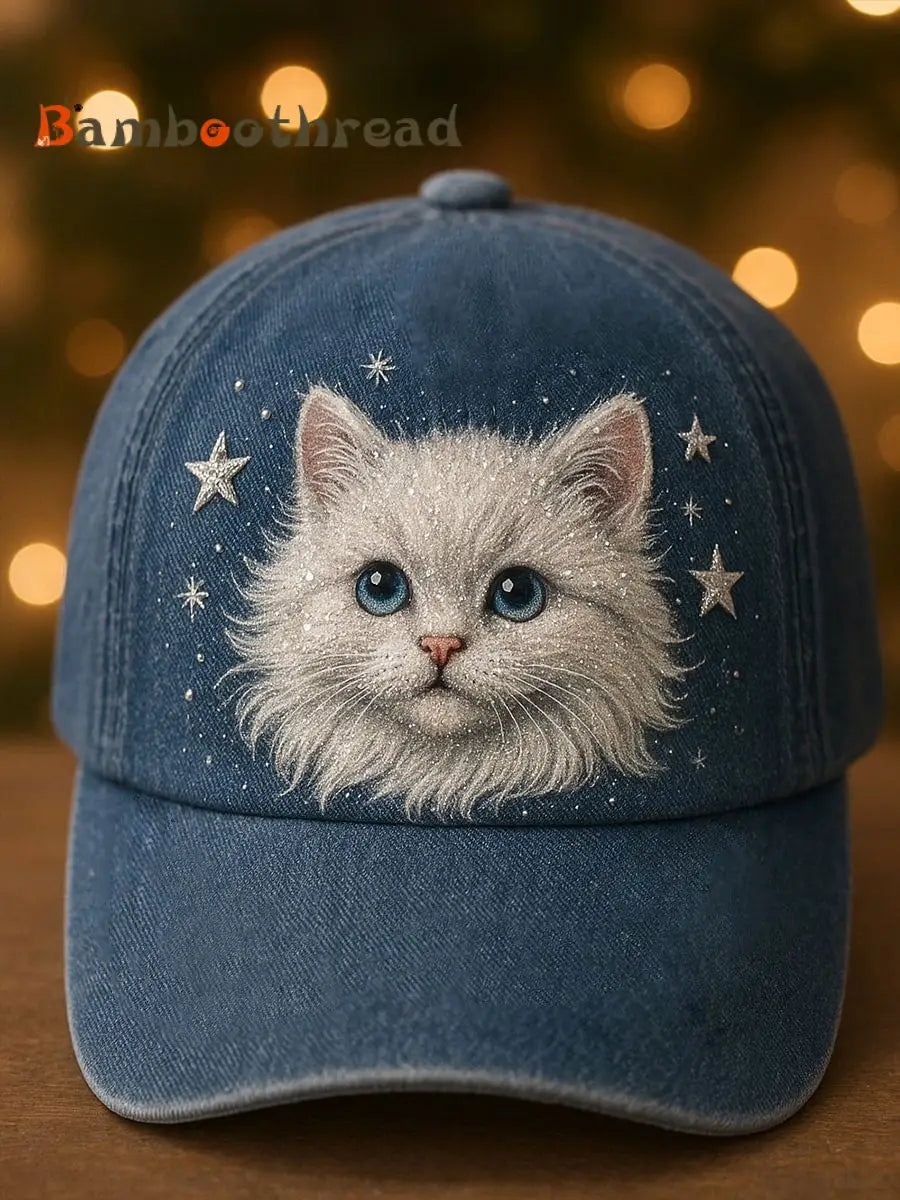 Unisex Cat Art Print Hat Blue / ONE