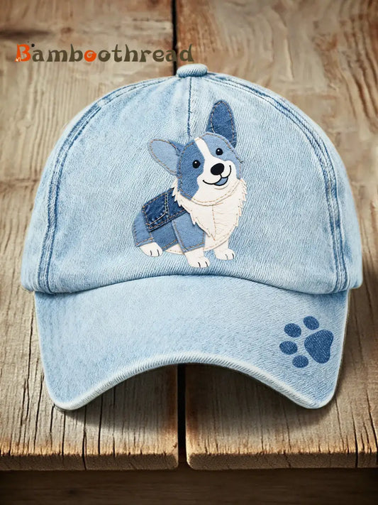 Unisex Denim Patchwork Art Corgi Dog Pattern Washed Hat Light Blue / ONE
