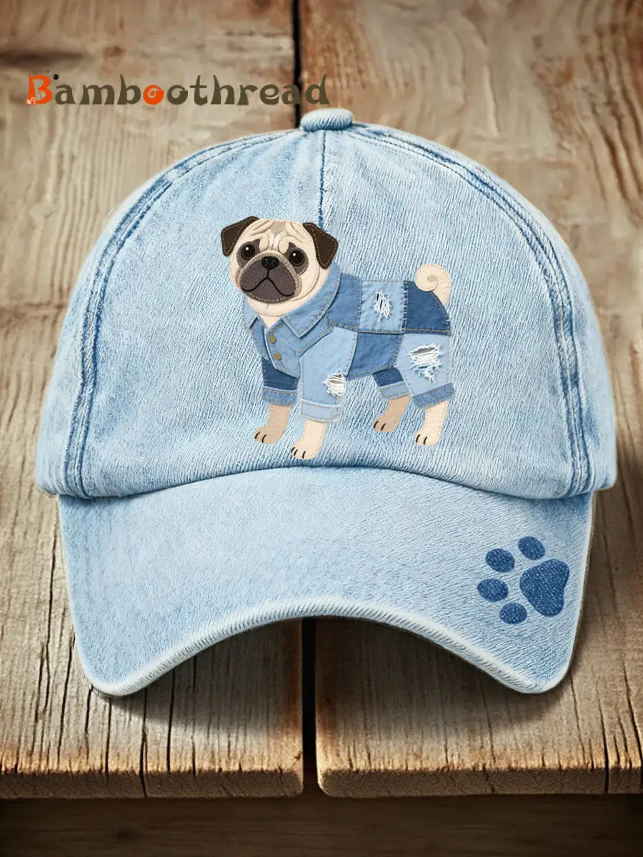 Unisex Denim Patchwork Art Pug Pattern Washed Hat Light Blue / ONE