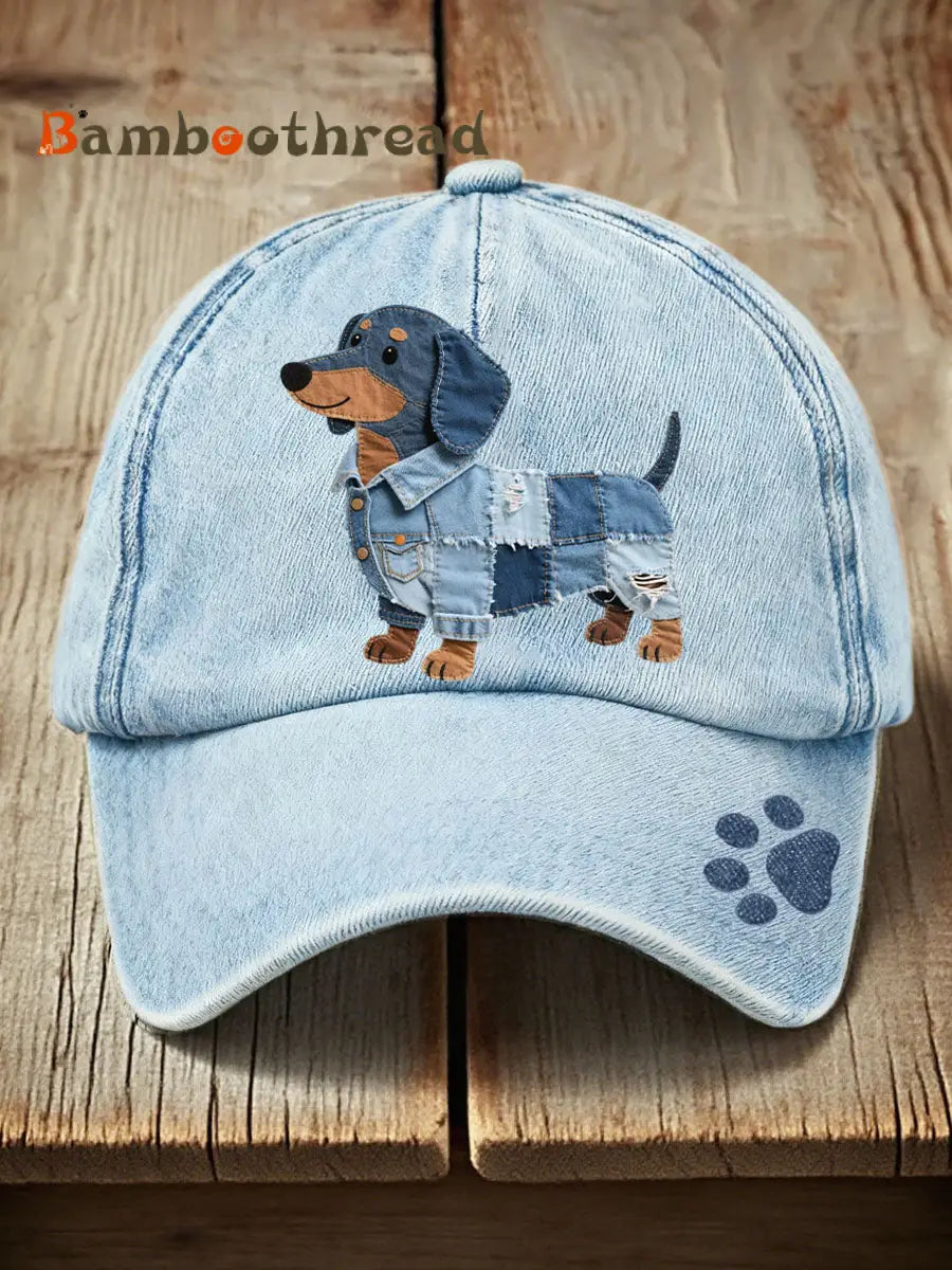 Unisex Denim Patchwork Dachshund Pattern Hat Blue / ONE