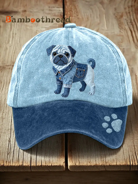 Unisex Lovely Pug Dog Denim Patchwork Pattern Hat Blue / ONE