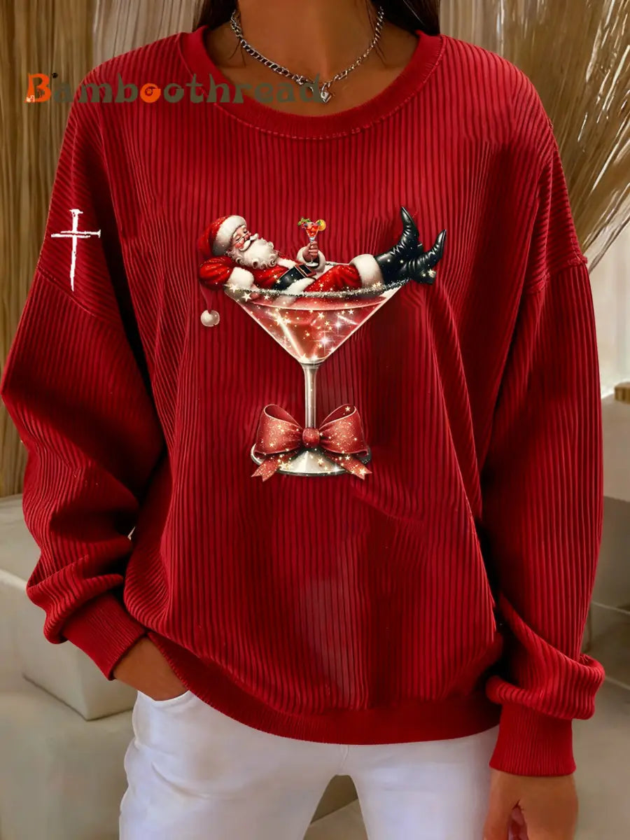 Vintage Christmas Faith Cocktail Santa Claus Sleeve Sweatshirt Red / S