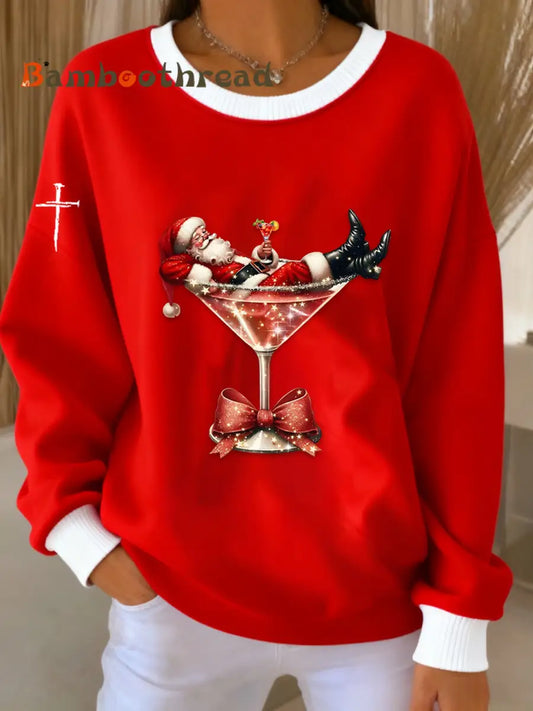 Vintage Christmas Faith Cocktail Santa Claus Sleeve Sweatshirt Red / S